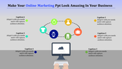 Online marketing concept showing a monitor with a circular arrangement of six icons representing clothing and accessories.