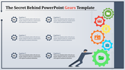Infographic with six numbered gray captions and colorful gears with icons on the right, featuring a pushing man.