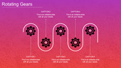 Flow diagram with five numbered gears linked by a white path, displayed on a gradient pink and orange background.