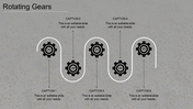 PowerPoint slide with rotating gears, featuring five sections labeled with numbered gears and captions.