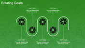 Rotating gears diagram with five black numbered cogs linked by white curves on a green background.