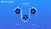 Slide featuring three gears positioned along a curved route on a blue gradient background, with placeholder text areas.