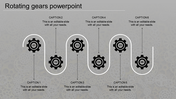 A PowerPoint template featuring six rotating gears with placeholders for captions on a gray backdrop.