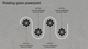 Four black gears arranged in a wavy white line curves connecting them, set against a gray patterned background.