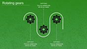 Green themed PowerPoint slide featuring rotating gears with three caption placeholders.