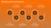Six black gears connected by curved lines with arrows, forming a process flow on an orange backdrop.