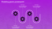 Rotating gears PowerPoint template with a purple background, featuring four captions with placeholder text.