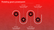 Rotating gears PowerPoint template with a red background, featuring four captions with placeholder text.