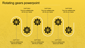 Rotating gears diagram with six black numbered cogs linked by white curves on a yellow background.