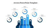 Arrow styled layout in shades of blue with bar chart visuals, circular percentage graphics, and descriptive captions.