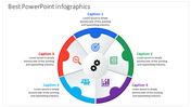Infographic PowerPoint slide with colorful circle sections and icons with captions and placeholder text.