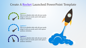 Rocket launch PowerPoint template with speedometer visuals, highlighting three stages of progress with captions.