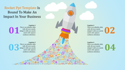 Rocket graphic launching with colorful icons as flames, surrounded by four numbered captions on a light blue background.