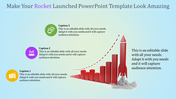 PowerPoint template featuring a rocket launching with a growing bar graph with captions and placeholder text.