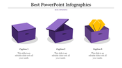 Infographic PPT slide featuring three purple boxes in varying states of being opened, with one box revealing a yellow object.