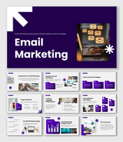 The Email Marketing Presentation with laptop, glowing email icons, purple theme, and campaign strategy visuals.