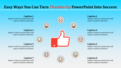 PowerPoint slide with a large thumbs up icon and various smiley face emojis surrounding it, with multiple captions.