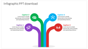 Colorful infographic with four curved lines in purple, green, blue, and red, each ending with an icon and text.