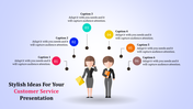 Customer service slide featuring two illustrated characters with six colored captions for audience engagement.