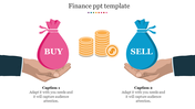 Finance slide showing pink buy and blue sell bags in hands, with stacked coins in the center.
