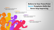 Sports PowerPoint slide with colorful silhouettes of athletes, labeled with captions and placeholder text.
