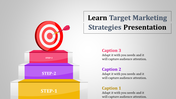 Slide with a red target and arrow on top of colorful three step blocks in yellow, purple, and red.