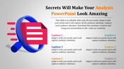 Magnifying glass zooming in on a document, showcasing an analysis PowerPoint template with captions.
