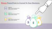 PowerPoint template about money, with three bags of money and space for captions.