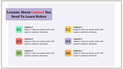 A PowerPoint template showing six steps with different colored boxes for content lessons.