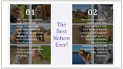 Two column layout showcasing wildlife photos, descriptive text below, and a centered title, on a white background.