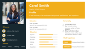 Portfolio slide featuring a photo, personal details, education, skills, and work experience of a graphic designer.