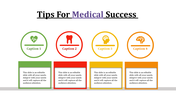 Medical slide with four colorful circular icons in green, red, yellow, and orange with text boxes beneath in matching colors.