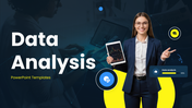 Data analysis presentation template covering descriptive analysis, data types, distribution, trends, and insights.