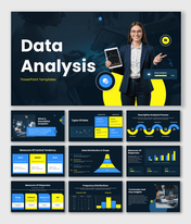 Data analysis presentation template covering descriptive analysis, data types, distribution, trends, and insights.