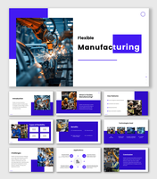 Manufacturing PowerPoint Template with robotic arm welding sparks, purple theme, clean layout, icons and shapes.