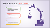 Construction-themed slide with a crane illustration on the right and three color-coded caption areas on the left.