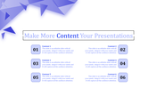 A vibrant content PowerPoint slide with blue geometric shapes and numbered sections.