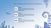 Nature themed PowerPoint template featuring numbered captions with leaf illustrations on a blue gradient background.