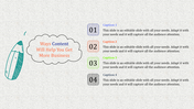 Content focused PowerPoint slide with colorful numbered boxes and a pencil illustration with captions.