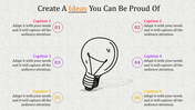 Creative PowerPoint slide featuring a central light bulb illustration surrounded by six numbered captions.