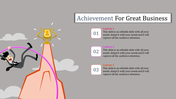 Achievement themed PowerPoint slide featuring a person reaching for a trophy at the top of a mountain with captions.