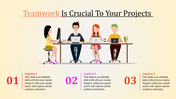 Teamwork themed PowerPoint slide featuring a group of people working together at a table with laptops.