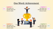 Achievement themed slide showing a man standing on a large trophy, surrounded by colleagues, with four numbered captions.