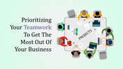 Teamwork slide with a pastel background, featuring text on the left, and an illustration of people collaborating at a table.