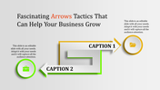 Arrow themed PPT slide showcasing a zigzag path with two captions and business related icons on a gray background.