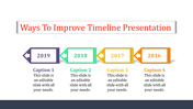 Colorful timeline template showing sequential years from 2016 to 2019 with captions and arrow shaped boxes.