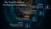 Artificial Intelligence PowerPoint slide with four numbered captions and arrows, featuring a digital face in the background.