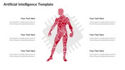 Artificial Intelligence slide with space for text and a red circuit pattern representing a human figure paired with elements.