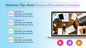 Business presentation template with captions and a laptop showcasing analytics and documents on a desk.
