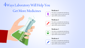 Slide showcasing a laboratory flask and four medicine related captions with colorful icons.